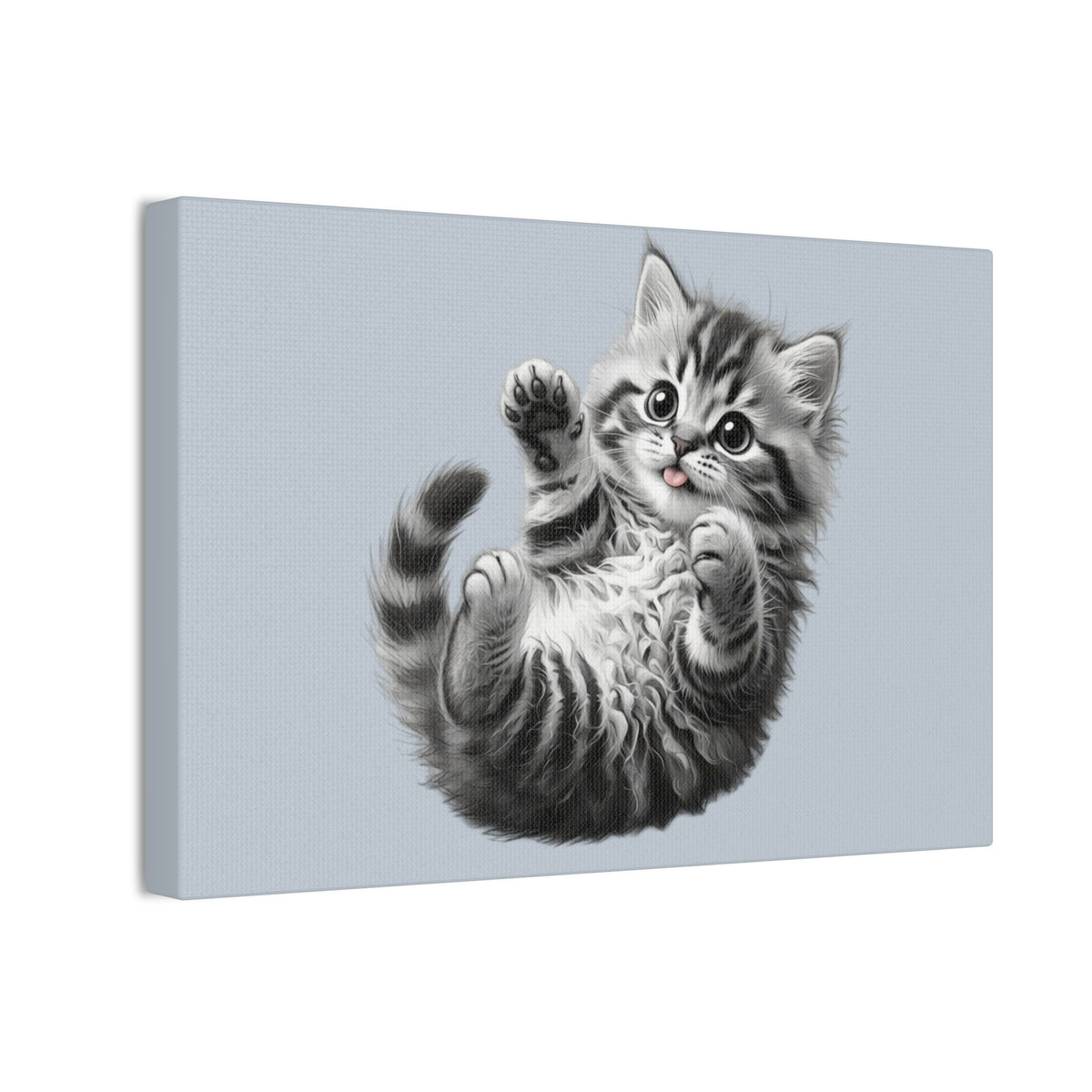 Playful Tabby Grey Fluffy Kitten Illustration Canvas Stretched | Cute Cat Wall Art- Sage Collection- Bestie Best Collection