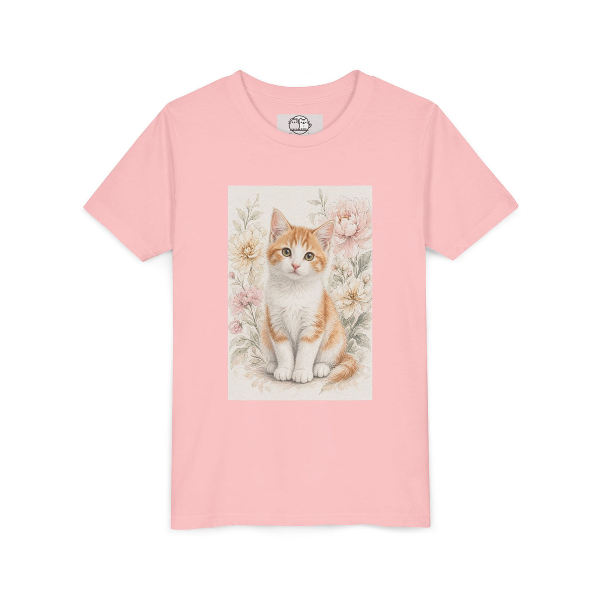 Adorable Orange Tabby Kitten Floral Illustration Youth Tee | Cute Cat Shirt- Vienna Collection