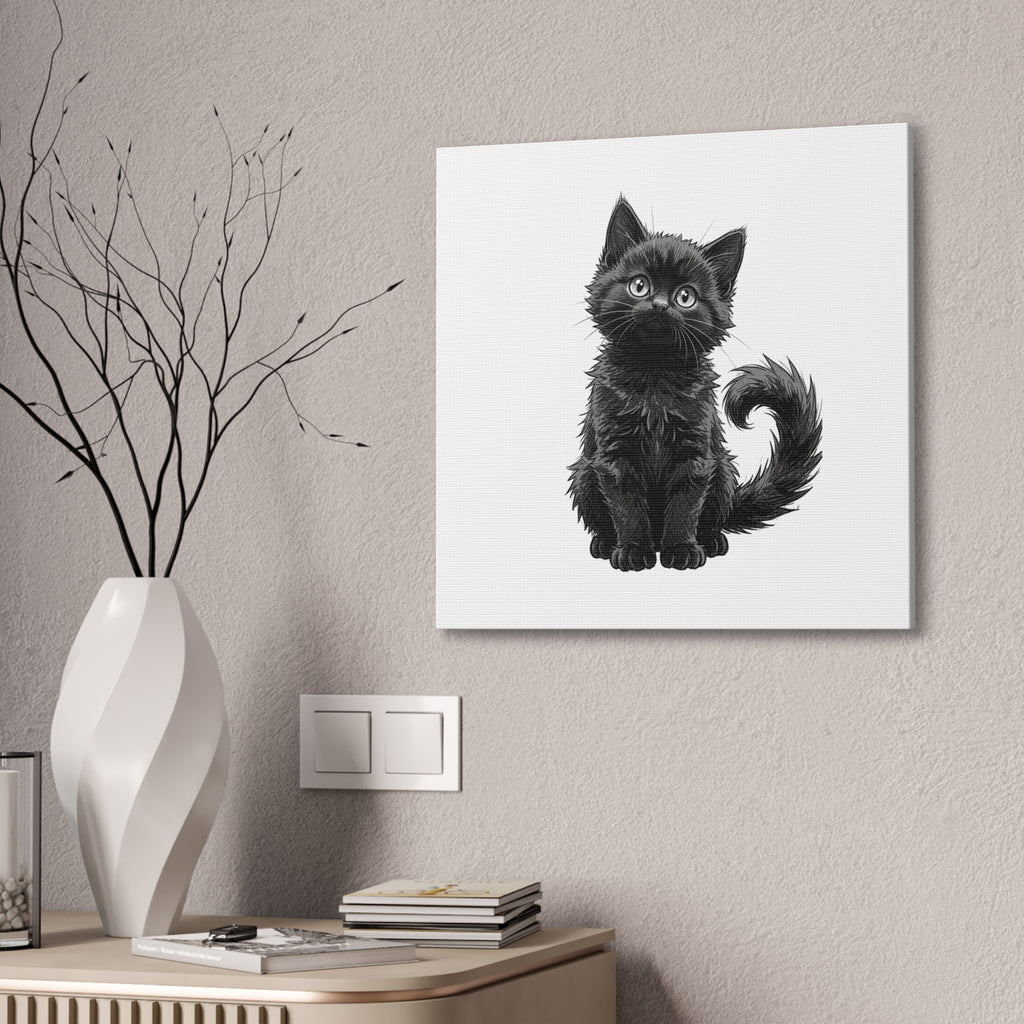 Adorable Fluffy Black Kitten Illustration Canvas- Twixie Collection- Bestie Best Decor Collection