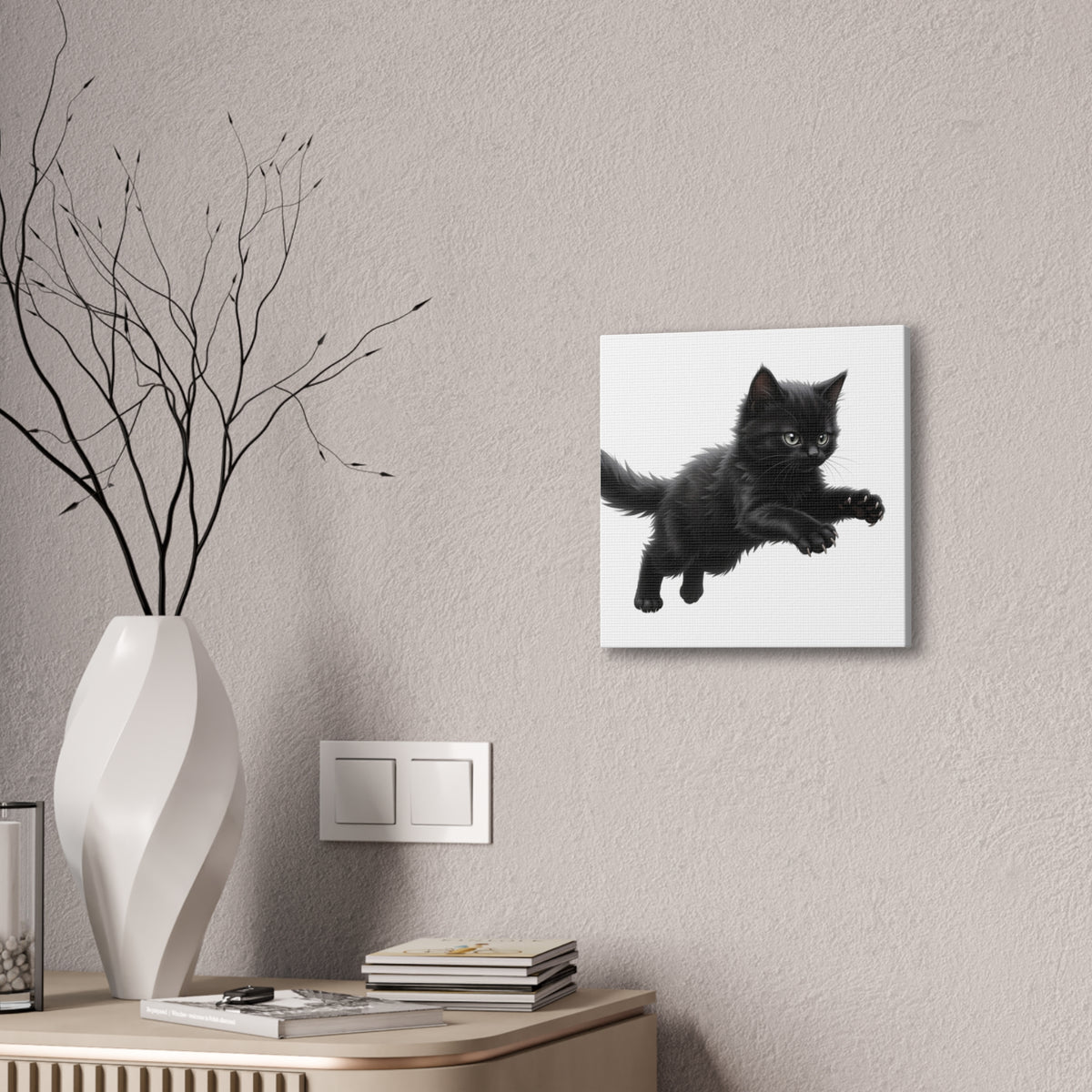 Leaping Fluffy Black Kitten Canvas- Twixie Collection- Bestie Best Decor Collection