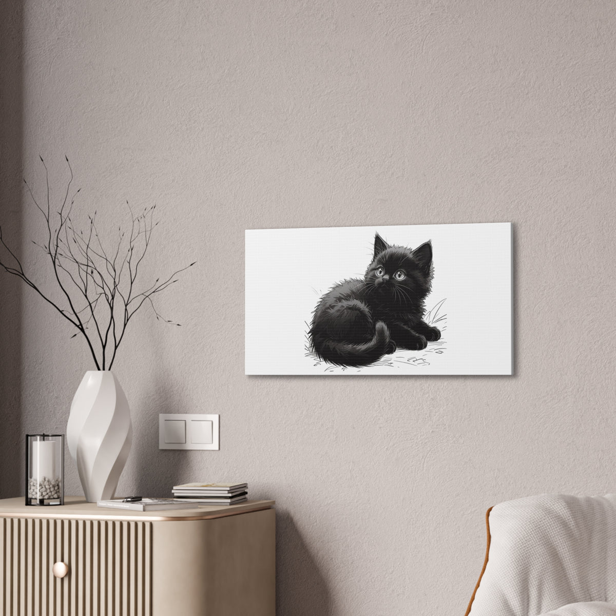 Black Kitten Illustration Canvas Stretched | Cute Cat Wall Art- Nursery & Kids room Decor, Twixie Collection- Bestie Best