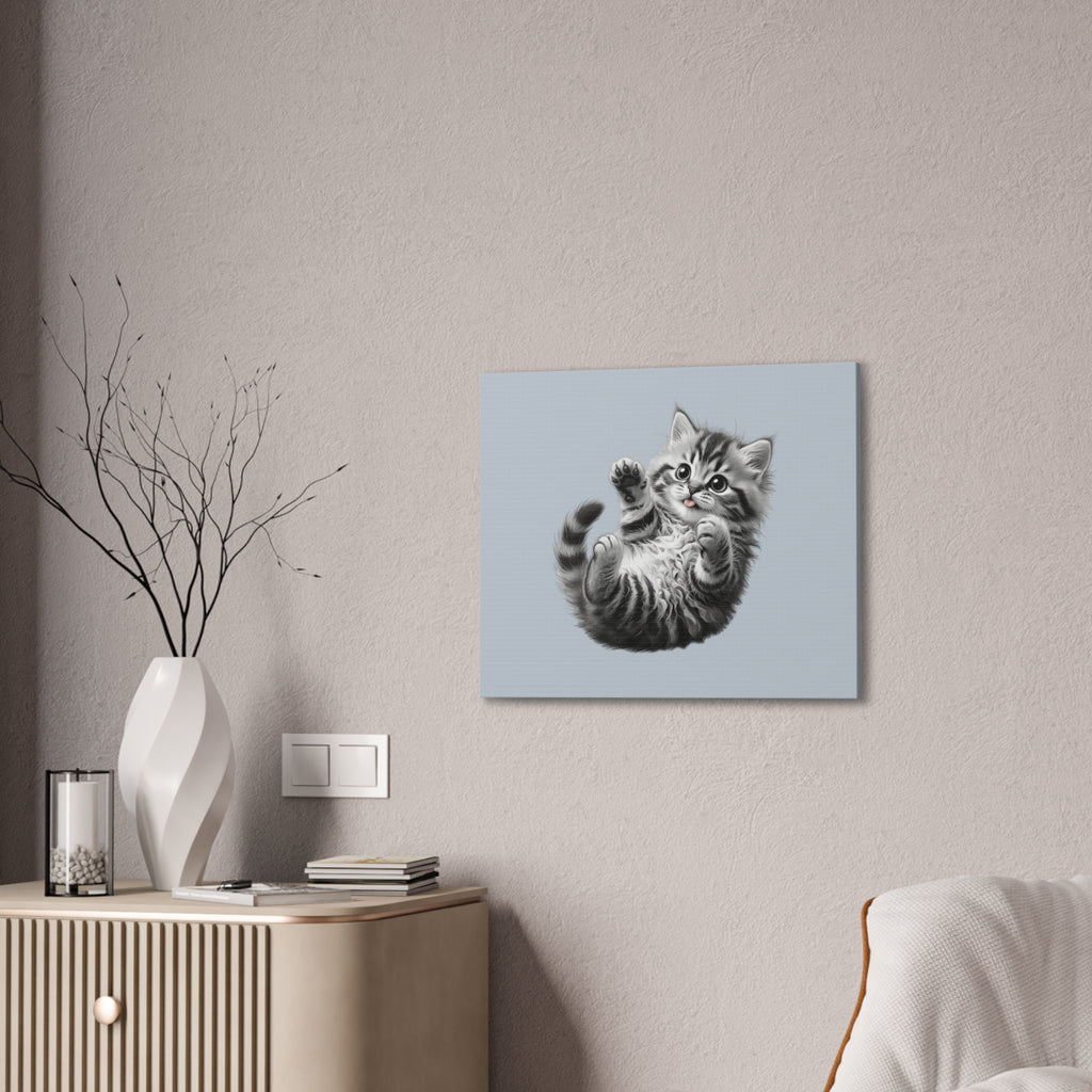 Playful Tabby Grey Fluffy Kitten Illustration Canvas Stretched | Cute Cat Wall Art- Sage Collection- Bestie Best Collection