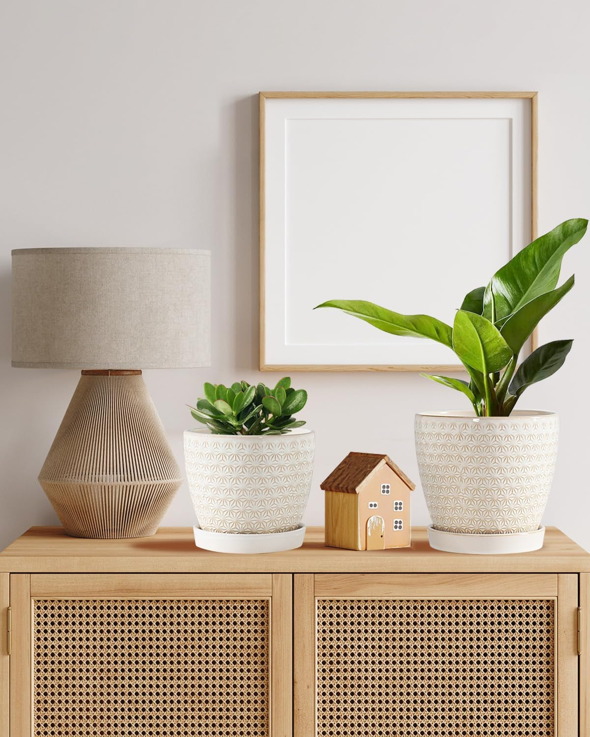 Plant Pots, Flower Pots, Planters for Indoor Plants(6.5+5.5Inch), Flower Pots for Indoor Plant with Drainage Hole and Saucer, Ceramic Pots for Plants with Hole Mesh Pad,Reactive Glaze White