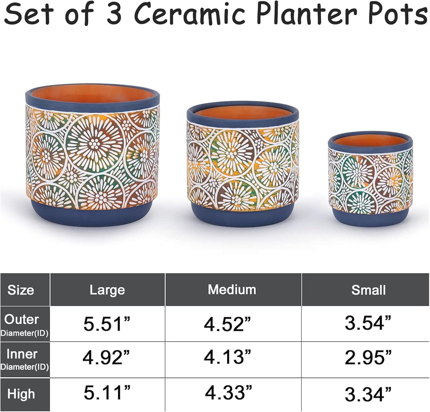 3 Piece Ceramic Plant Pots Indoor Pots Set with Drainage Holes, 5.7/4.7/3.5/Inch, Modern Decorative Pots Outdoor Plants Lilies, Cacti, Succulents, Snakes, and Bamboo (Blue)