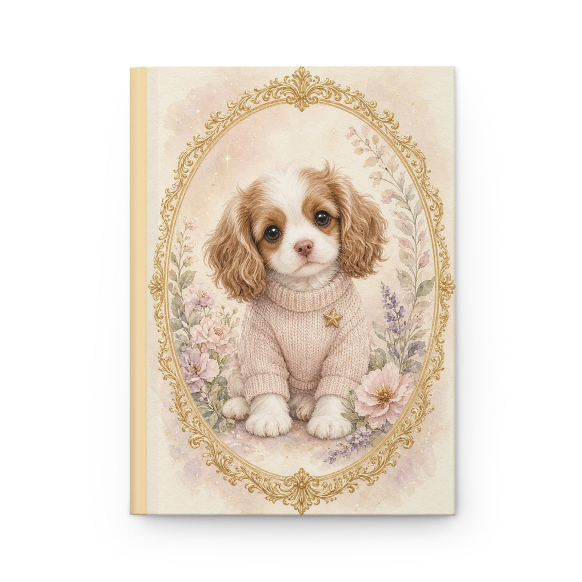 Cute Cavalier Puppy in Sweater Portrait Hardcover Journal | Floral Vintage Frame- Bestie Best Journal Collection