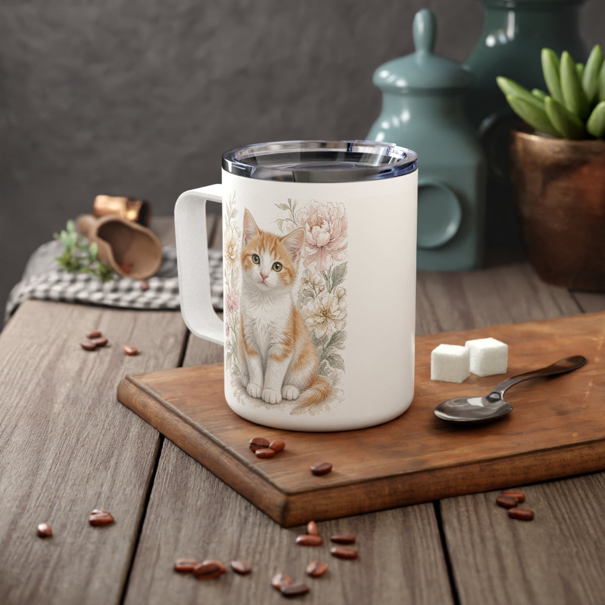 Watercolor Cute Orange Kitty with Vintage Flowers insulated mug | 10oz- Vienna Bestie Best Collection