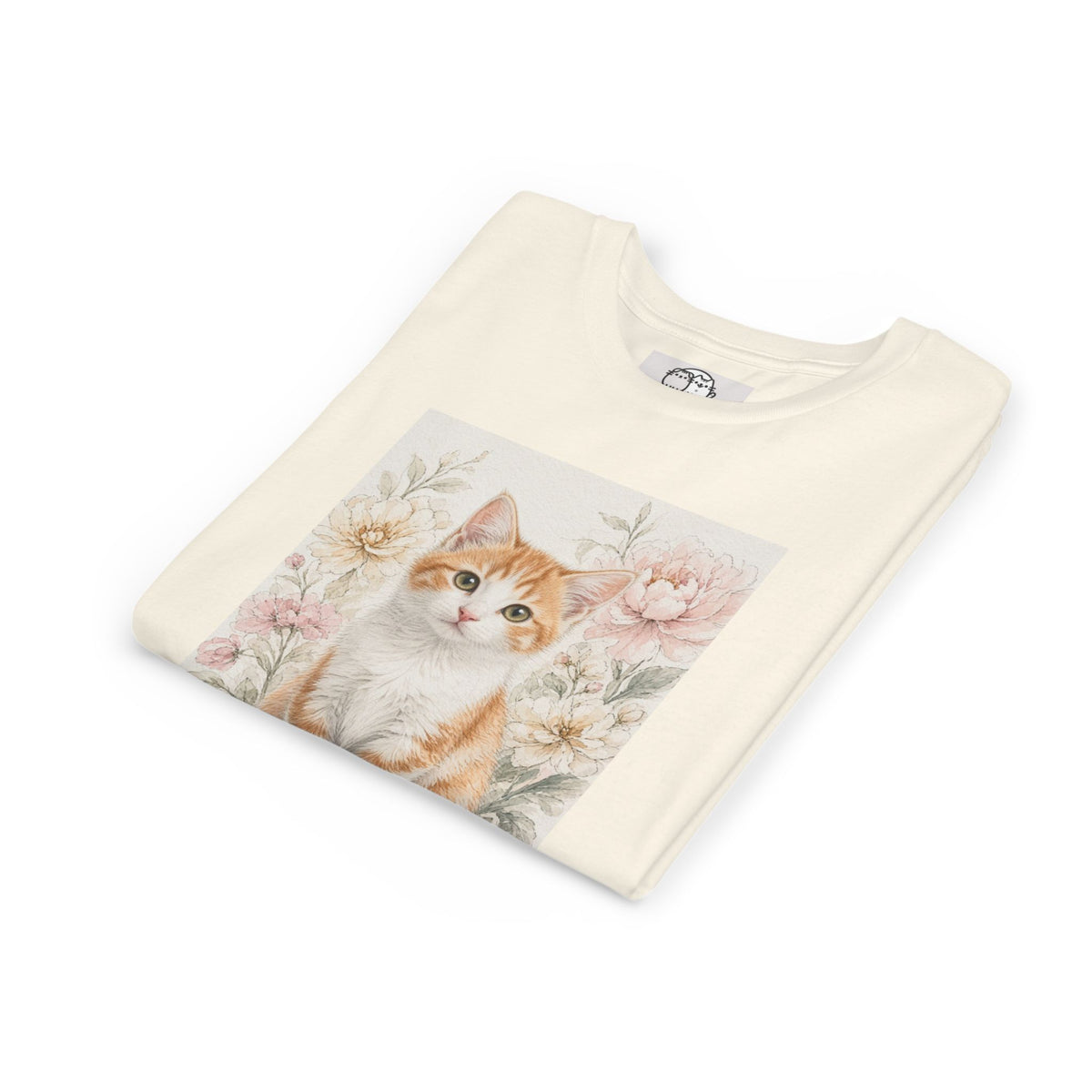 Adorable Orange Tabby Kitten Floral Illustration Youth Tee | Cute Cat Shirt- Vienna Collection