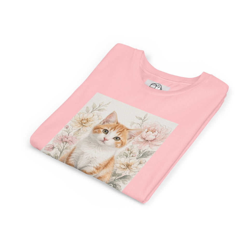 Adorable Orange Tabby Kitten Floral Illustration Youth Tee | Cute Cat Shirt- Vienna Collection