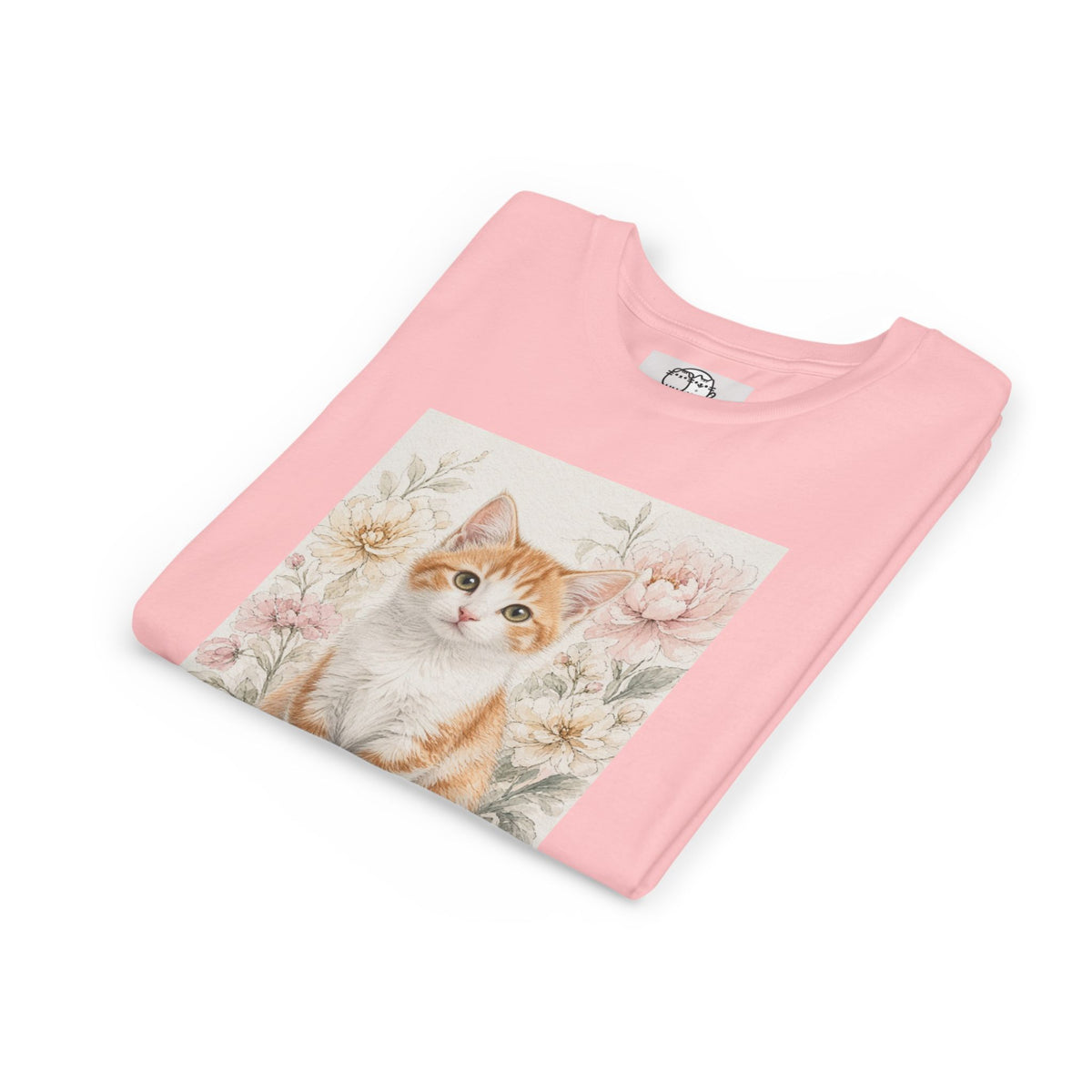 Adorable Orange Tabby Kitten Floral Illustration Youth Tee | Cute Cat Shirt- Vienna Collection