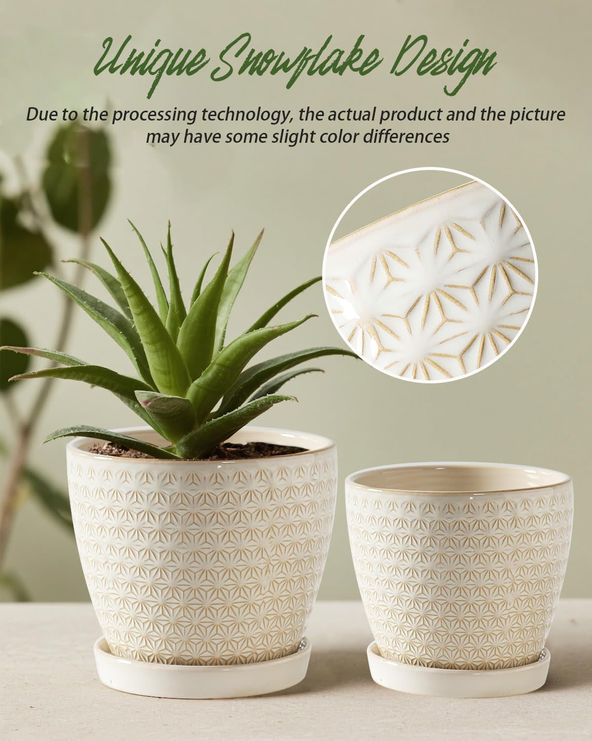 Plant Pots, Flower Pots, Planters for Indoor Plants(6.5+5.5Inch), Flower Pots for Indoor Plant with Drainage Hole and Saucer, Ceramic Pots for Plants with Hole Mesh Pad,Reactive Glaze White