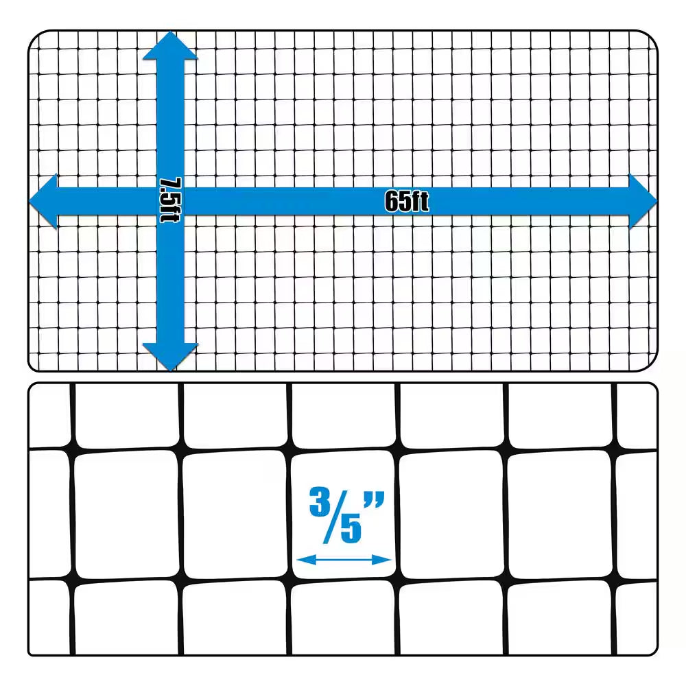 7.5 Ft. X 65 Ft. Black Polywire Garden and Plant Protective Netting with 3/5 In. Mesh, Reusable and Doesn'T Tangle