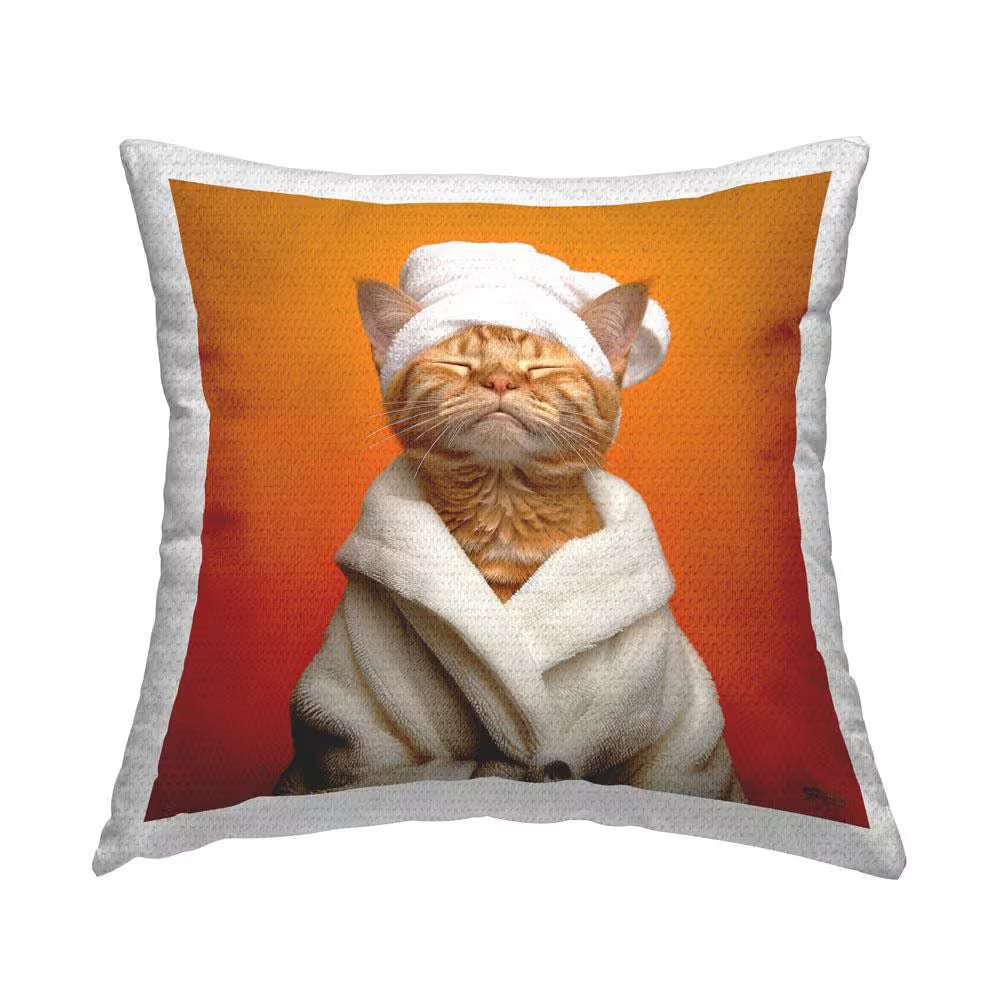 Cat in Bath Towel Outdoor Printed Throw Pillow by RB