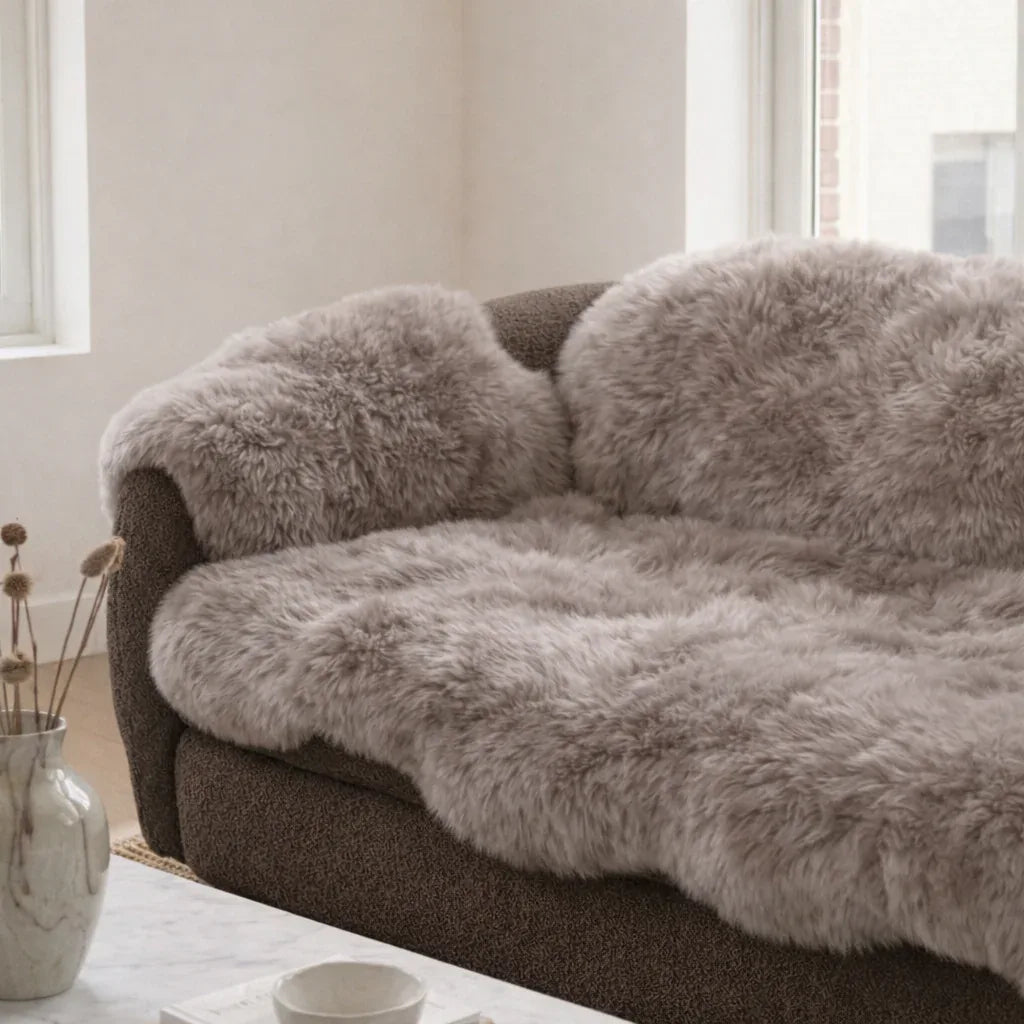 Genuine Beige Sheepskin Couch Cover for Dogs — Natural Sofa Protector (Plastic-Free)