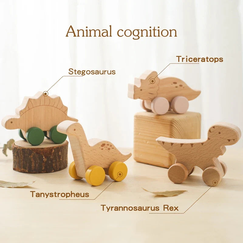 1 pc Beech Wood Montessori Toy Dinosaur with wheels multivariant