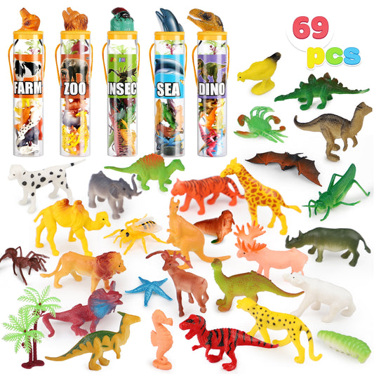 69Pcs Small Animal Figures, Assorted Mini Plastic Animal Toy, Tiny Little Animals for Sensory Bin, Birthday Party Favor for Kids Toddler Aged 3-8