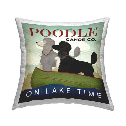 Boating Poodle Dogs on Lake Canoe Landscape Multi-Color Square Outdoor Throw Pillow