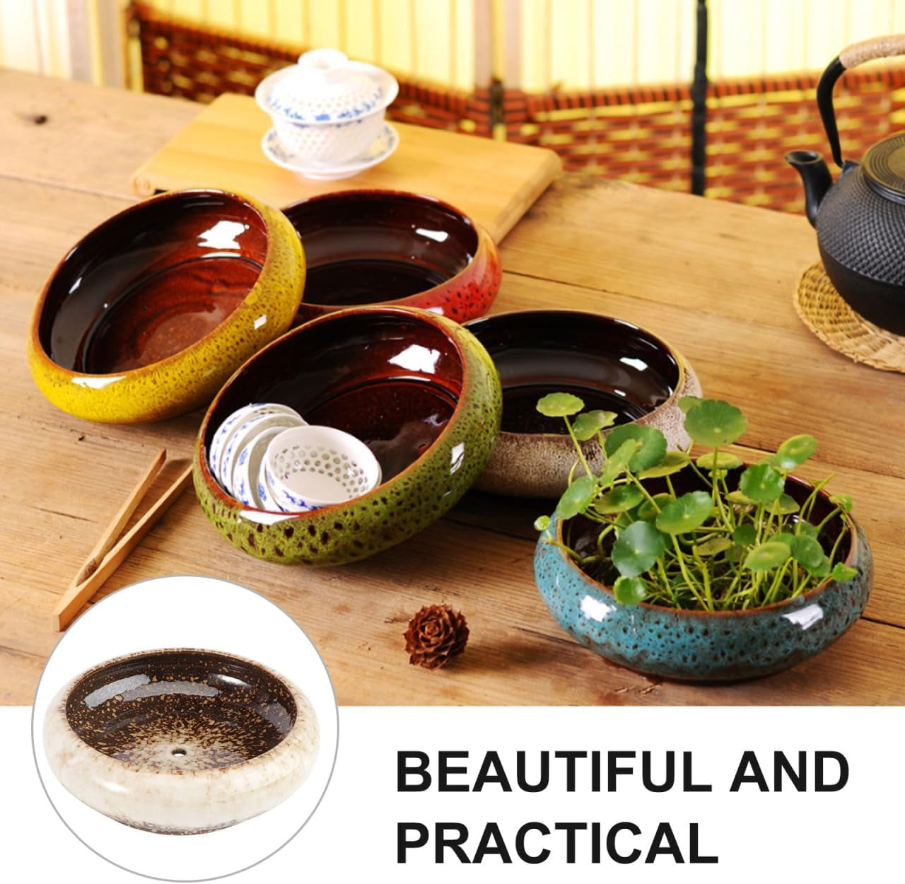 7.3 Inch Ceramic Succulent Planter, Shallow round Bonsai Pot with Drainage for Indoor Outdoor Plants, Decorative Ceramic Flower Container for Home Decor