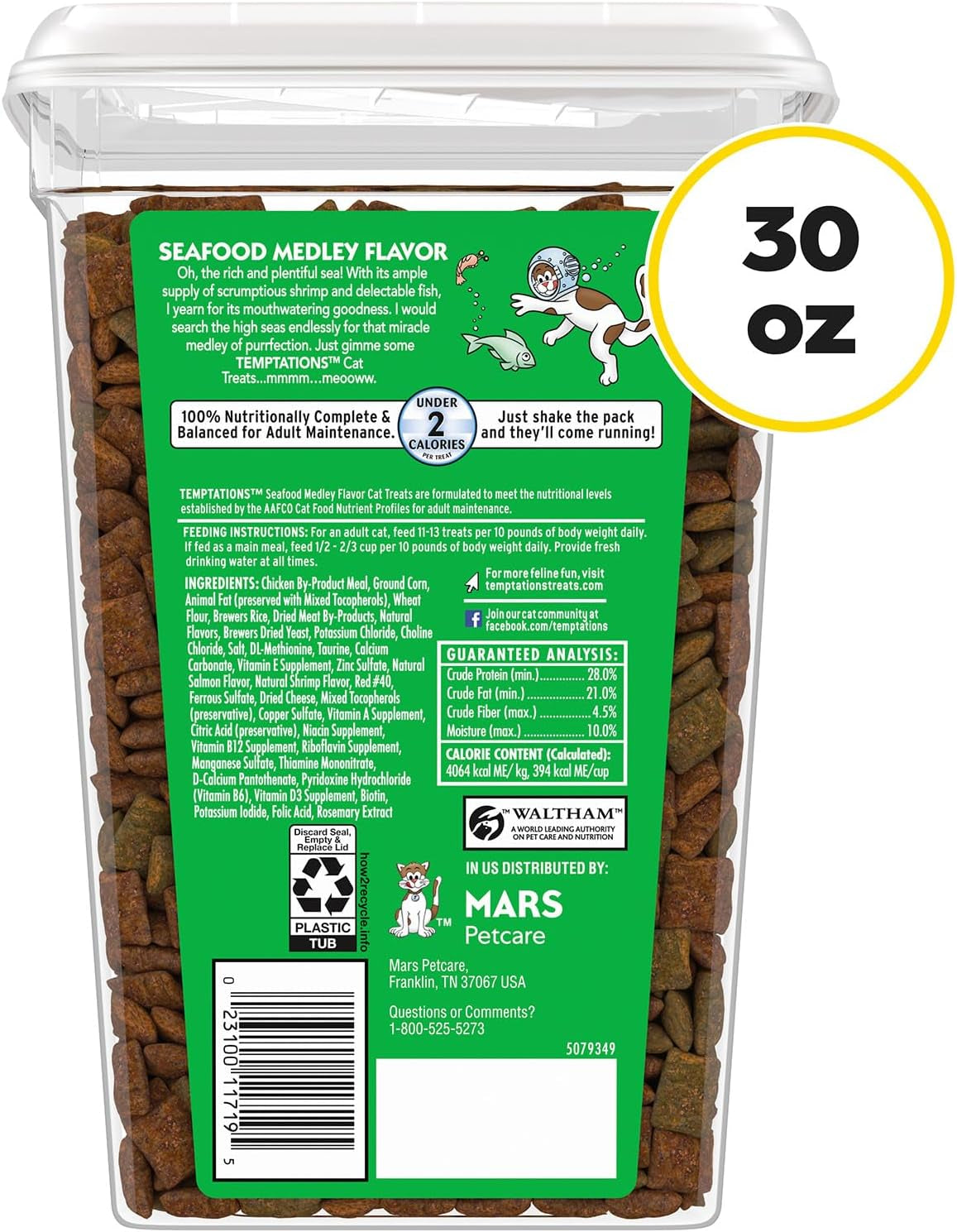 Cat Treats, Classic Crunchy and Soft Cat Treats, Seafood Medley Flavor, 30 Oz. Tub