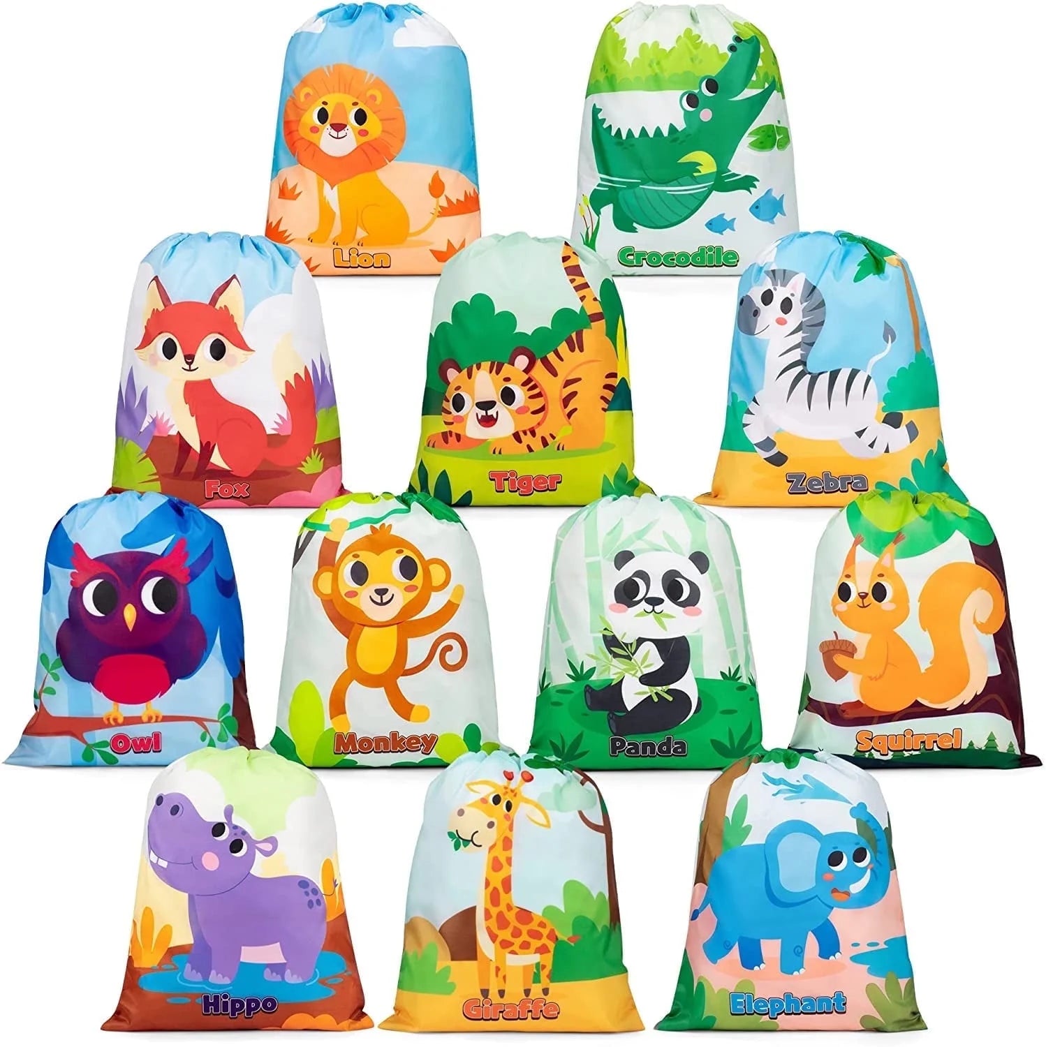 12 Pack Animal Party Favor Drawstring Bags for Kids Birthday Supplies, Animal Backpack String Bags for Boys Girls, Jungle Gift Goodie Treat Bag for Party Baby Shower School Travel Storage Bag