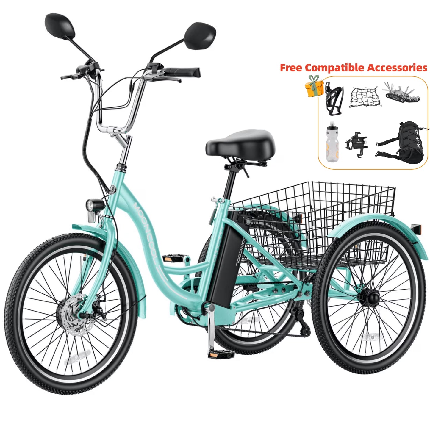 Electric Tricycle for Adults, 350W 36V Electric Trike Motorized Three Wheel Electric Bicycle, 7 Speeds 3 Wheels Adult Electric Tricycle with Large Basket,Cyan