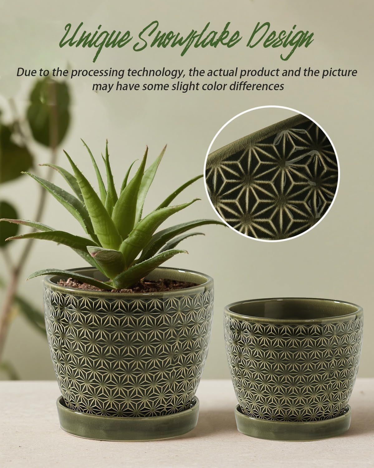 Plant Pots, Flower Pots, Planters for Indoor Plants(6.5+5.5Inch), Flower Pots for Indoor Plant with Drainage Hole and Saucer, Ceramic Pots for Plants with Hole Mesh Pad,Reactive Glaze Green