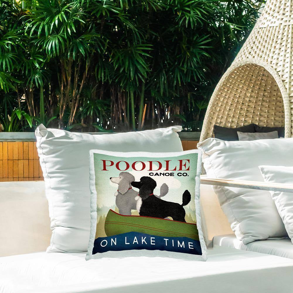 Boating Poodle Dogs on Lake Canoe Landscape Multi-Color Square Outdoor Throw Pillow