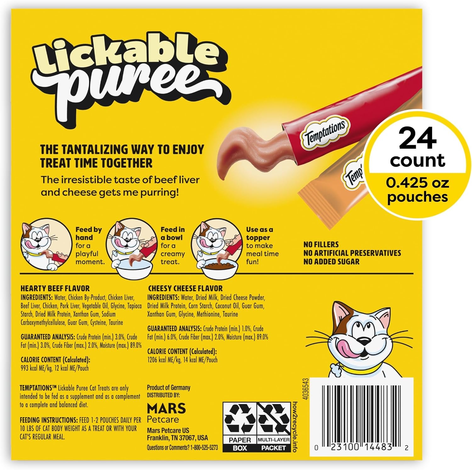 Creamy Puree Squeezable Lickable Cat Treats, Wet Cat Treats with Beef Liver and Cheese Variety Pack, 0.42 Oz. Tubes, 24 Count