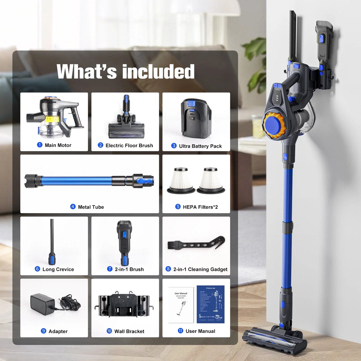 Cordless Vacuum Cleaner, 50Mins Runtime, Powerful Stick Vacuum 6*2600Mah Rechargeable Cordless Vacuum for Carpet, Tile, Pet Hair, Hardwood Floors, Blue