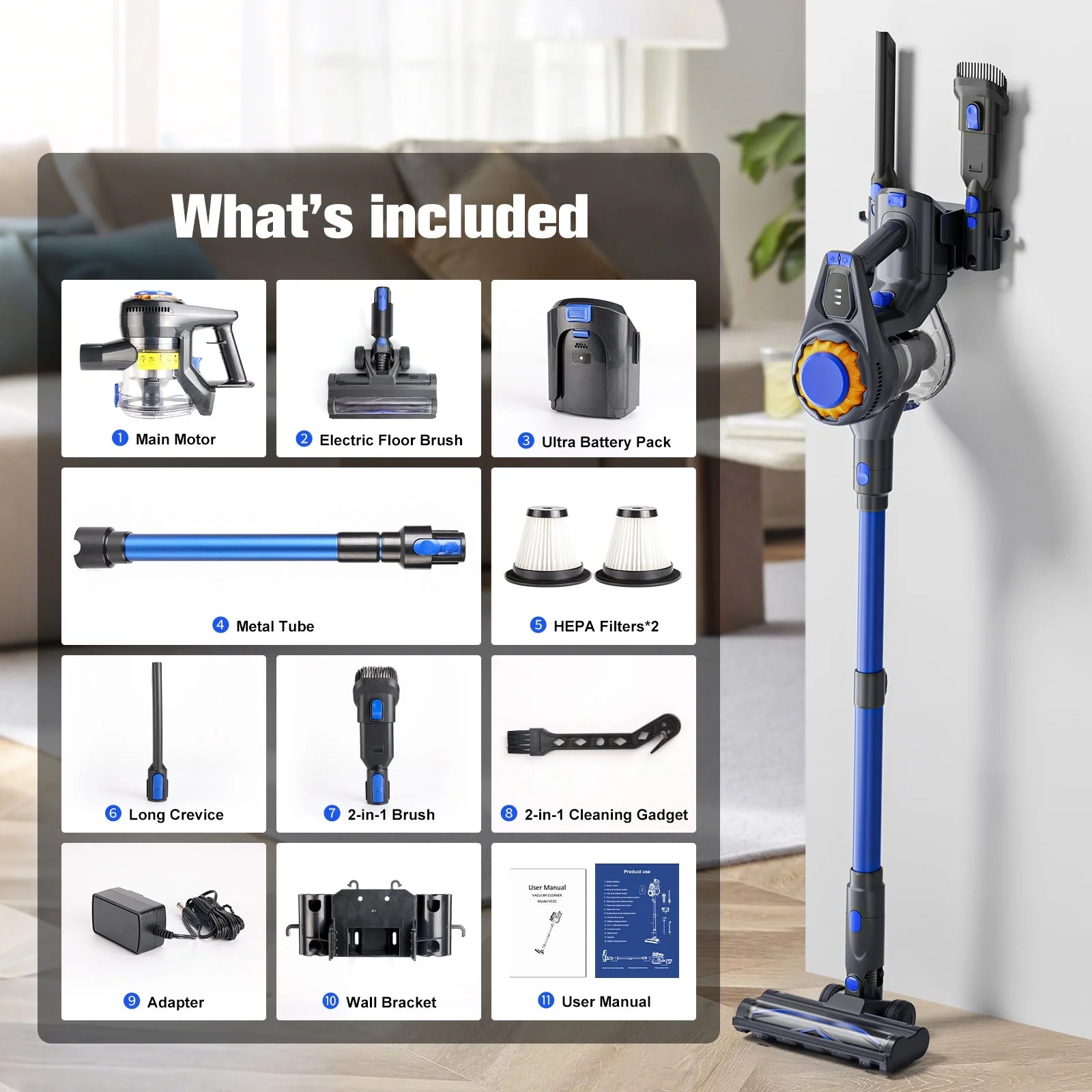 Cordless Vacuum Cleaner, 50Mins Runtime, Powerful Stick Vacuum 6*2600Mah Rechargeable Cordless Vacuum for Carpet, Tile, Pet Hair, Hardwood Floors, Blue