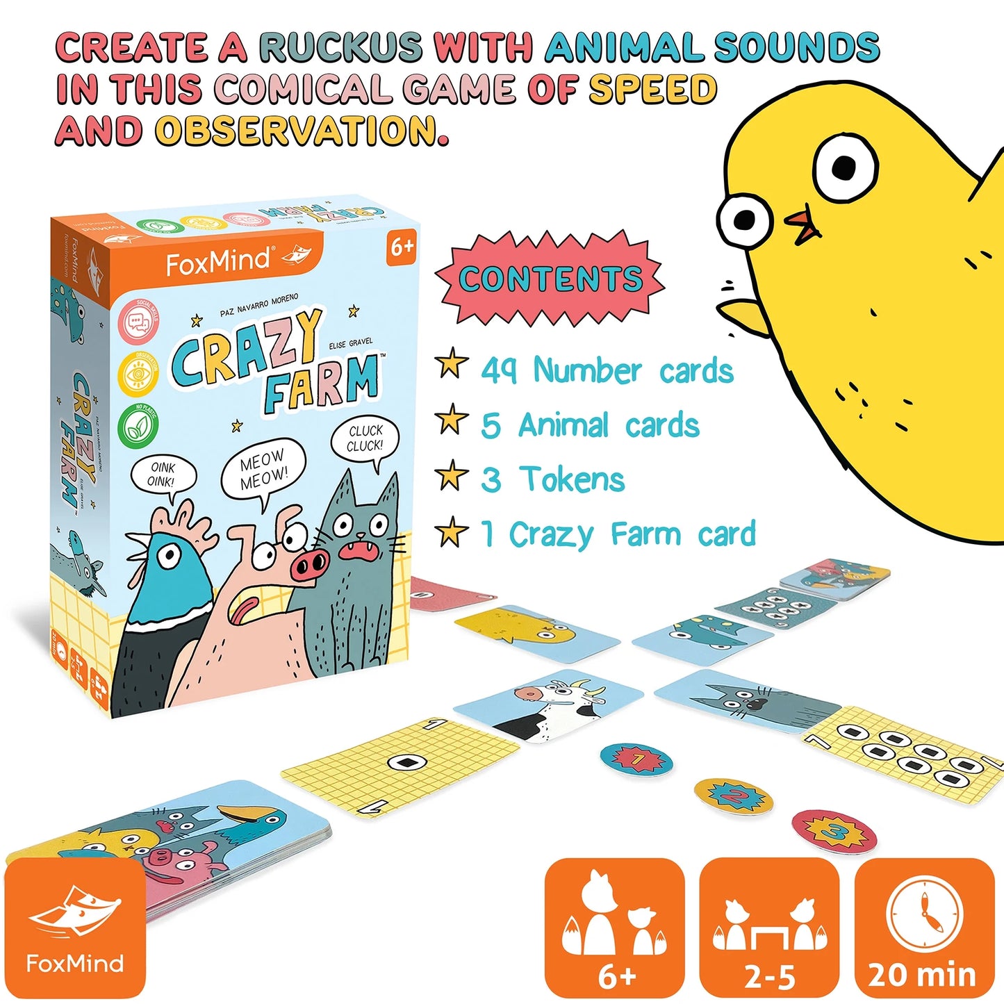: Crazy Farm - an Observation Card Party Game Where You Shout Out Animal Sounds, Illustrated by Elise Gravel, Family & Kids 6+, 2-5 Players