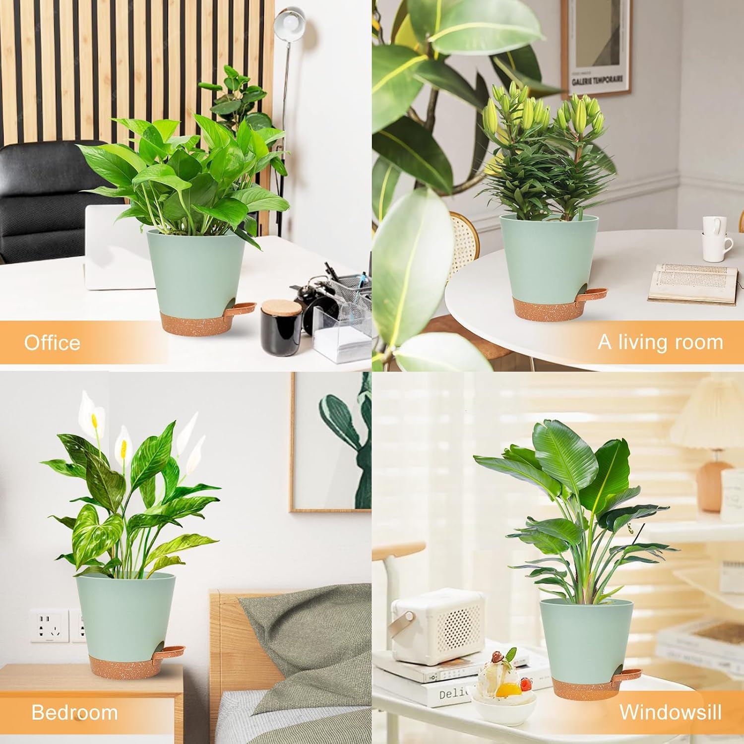 Planters for Indoor Plants 7/6.5/6/5.5/5 Inch, Self Watering Planters with Drainage Holes and Saucers 5 Pack Plastic Pots for Plants, Succulents, Herbs, Cactus, Flower Pots, Green