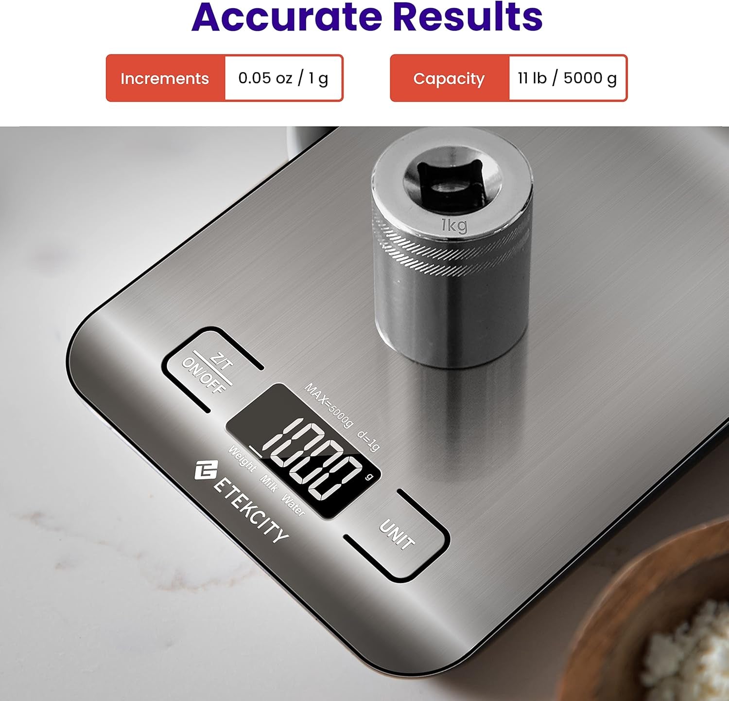 Food Kitchen Scale, Digital Grams and Ounces, 11Lb | Tare Function, Ideal for Baking, Weight Loss, Keto, Meal Prep, Packages, Liquids and Jewelry, 304 Stainless Steel