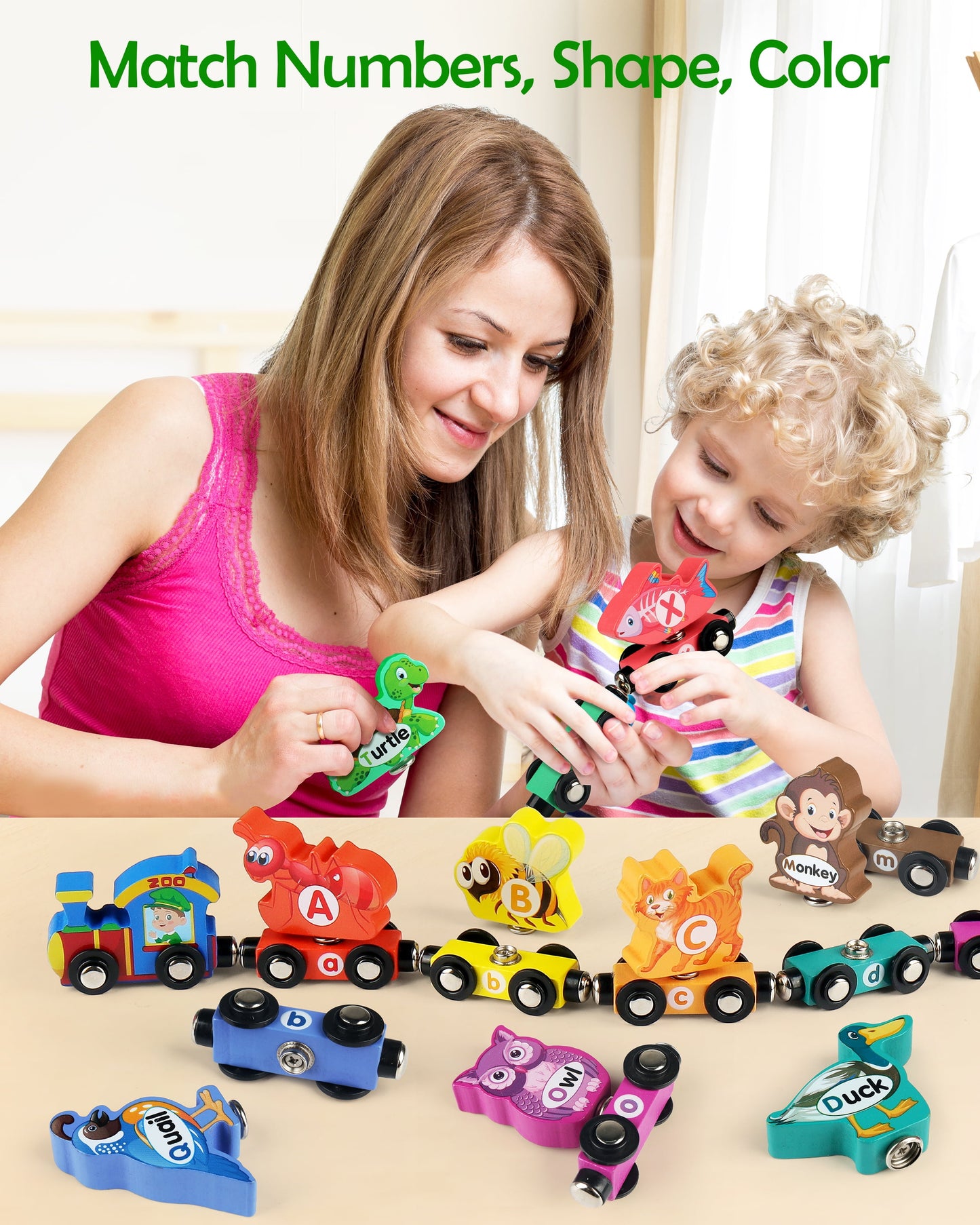 Wooden Train Set for Toddlers - Snap-Connection Animal Trains, Magnetic Alphabet Train Learning Toys, STEM Preschool Toys, ABC and Animal Play Set for Kids Ages 3-5 Christmas Gifts for Kids