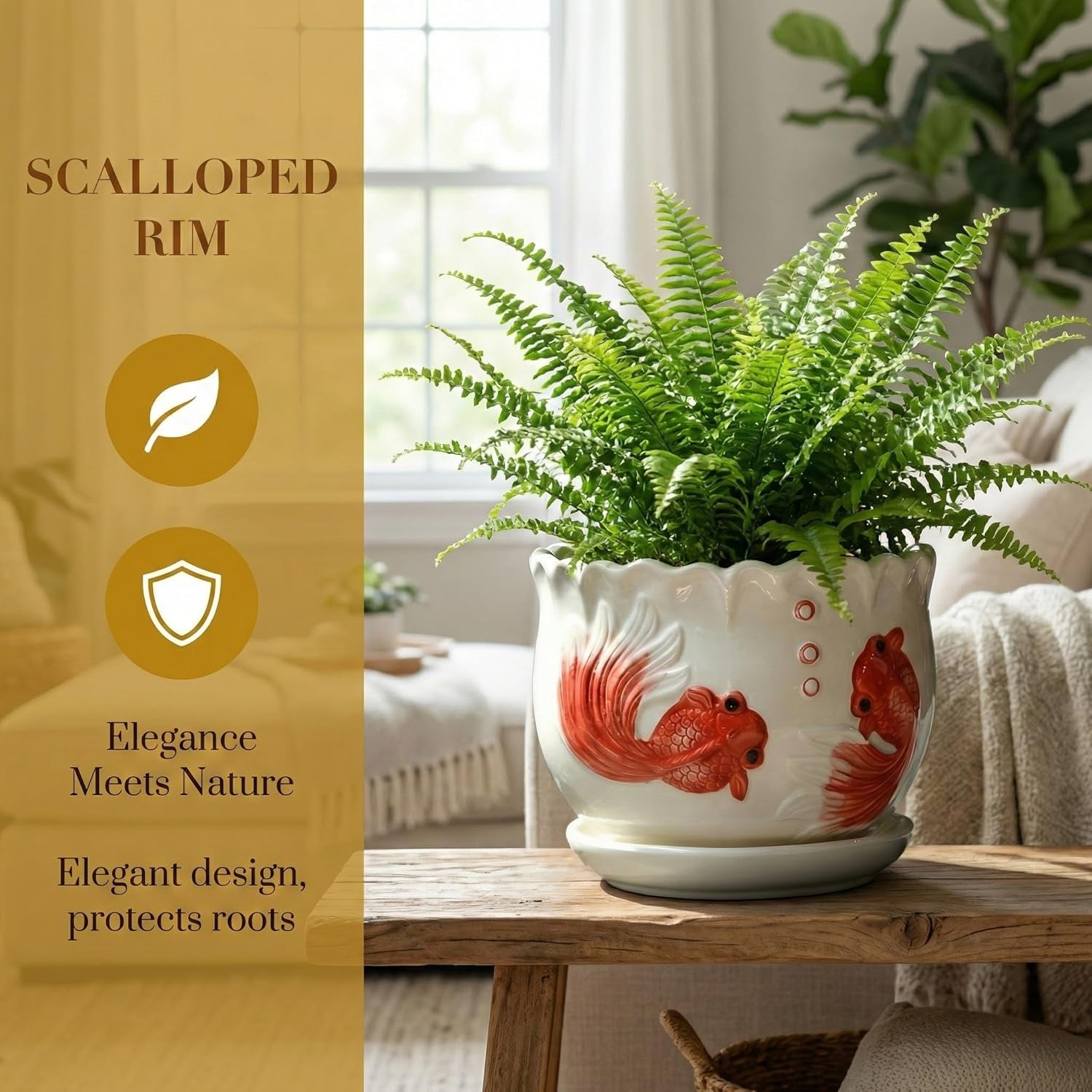 Ceramic Planter with Saucer - 3D Embossed Goldfish Design, Scalloped Edge Decorative Flower Pot for Indoor Outdoor Succulent Cactus, White Porcelain Plant Container with Drainage Hole