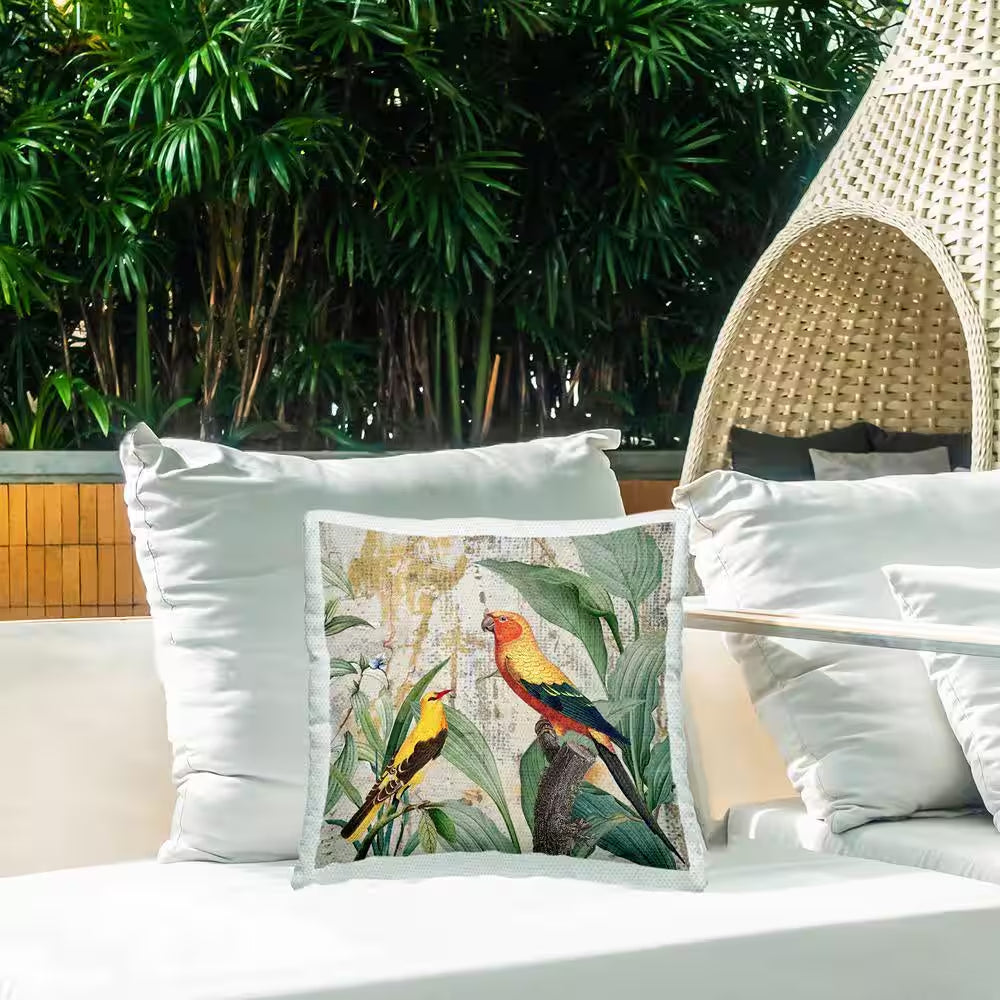 Rustic Tropical Birds Multi-Color Square Outdoor Throw Pillow
