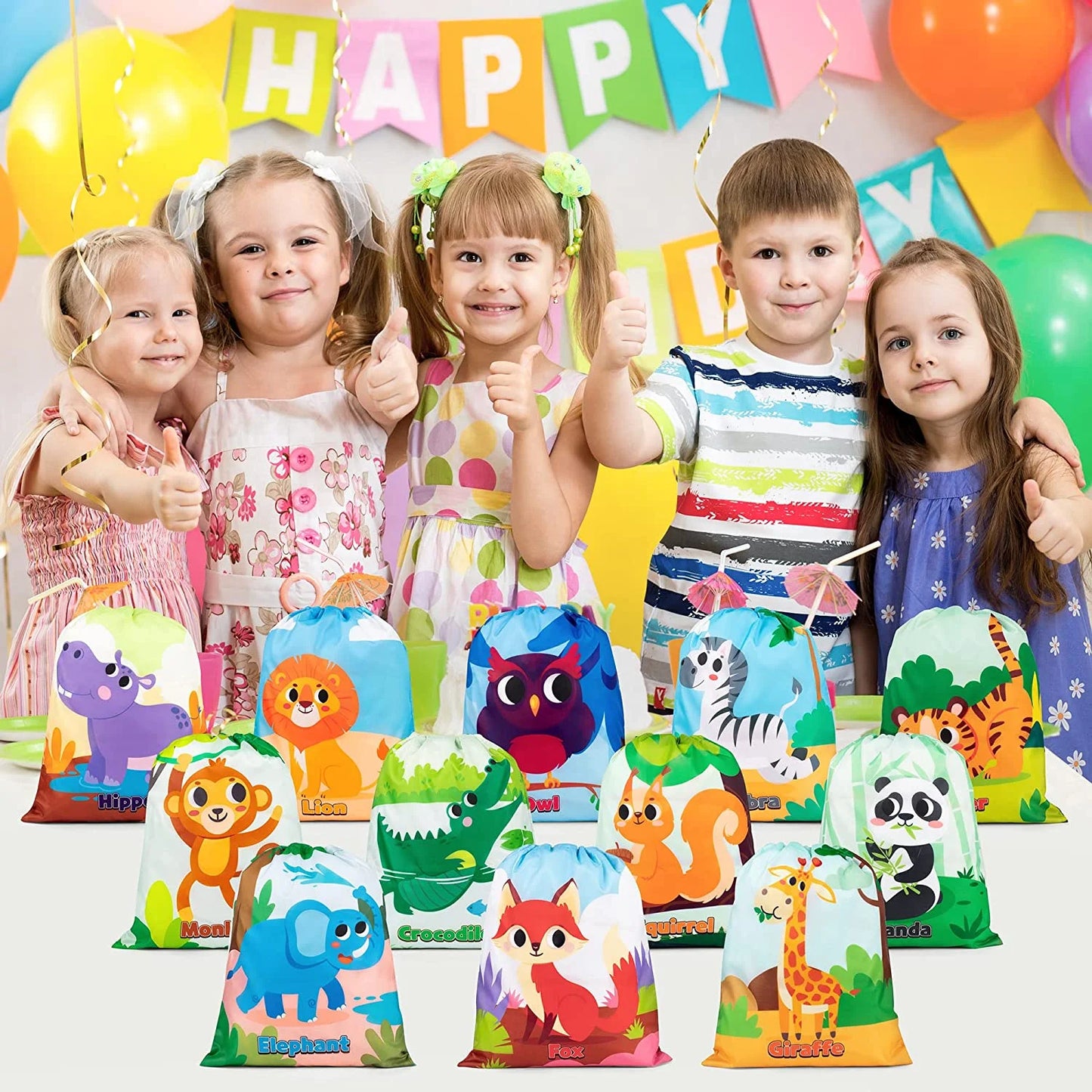 12 Pack Animal Party Favor Drawstring Bags for Kids Birthday Supplies, Animal Backpack String Bags for Boys Girls, Jungle Gift Goodie Treat Bag for Party Baby Shower School Travel Storage Bag