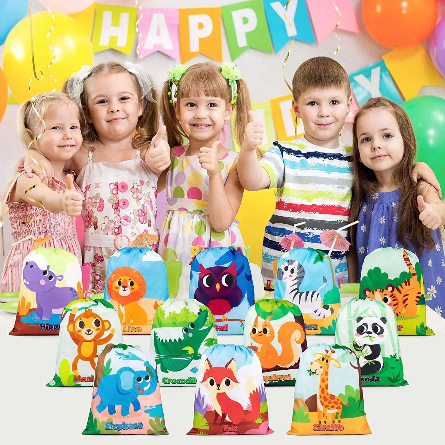 12 Pack Animal Party Favor Drawstring Bags for Kids Birthday Supplies, Animal Backpack String Bags for Boys Girls, Jungle Gift Goodie Treat Bag for Party Baby Shower School Travel Storage Bag