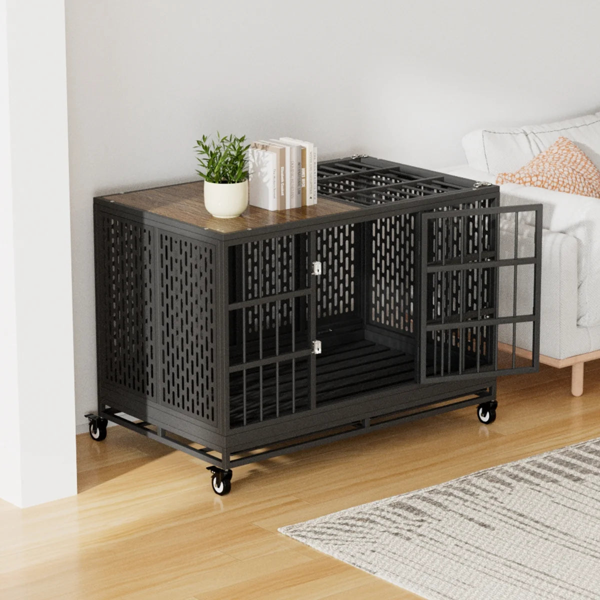 48 Inch Heavy Duty Dog Crate with Wheels, Folding Metal Big Dog Cage for Large and Medium Dogs, Extra Large XL XXL Indestructible Furniture Style Dog Crate with Removable Tray.