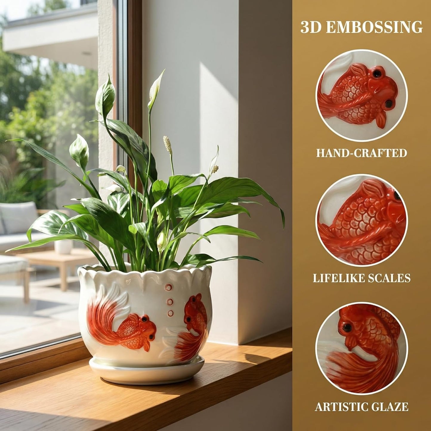 Ceramic Planter with Saucer - 3D Embossed Goldfish Design, Scalloped Edge Decorative Flower Pot for Indoor Outdoor Succulent Cactus, White Porcelain Plant Container with Drainage Hole