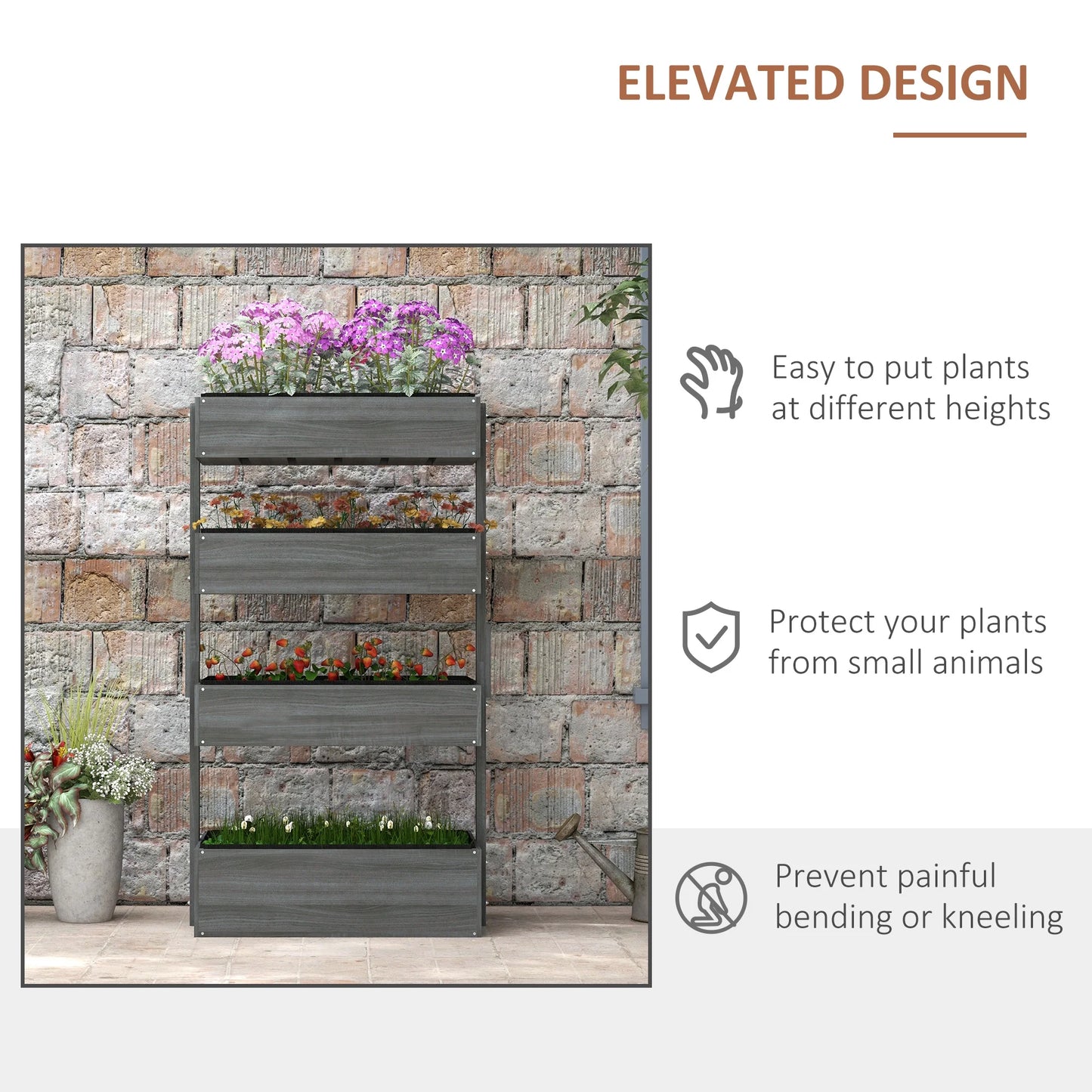 Vertical Garden Planter, Wooden 4 Tier Planter Box, Self-Draining with Non-Woven Fabric for Outdoor Flowers, Vegetables and Herbs, Gray