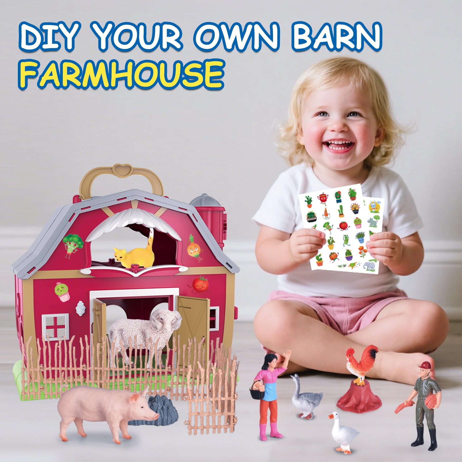 Farm Animal Toys Take along Barn Farm Playset for Toddlers Montessori Toys for Kids with 10 Animals Figurines 2 DIY Stickers