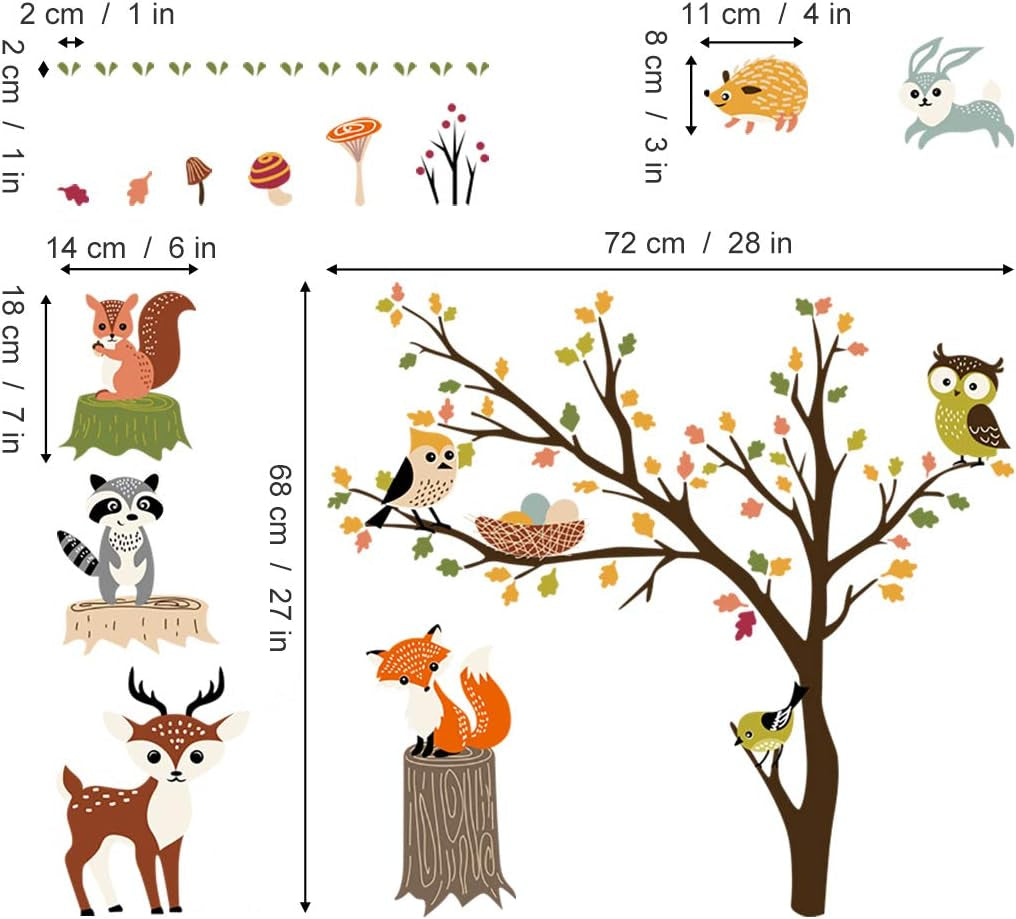 Woodland Wall Decals Animals Tree Owl Fox Deer Wall Stickers Kids Bedroom Baby Nursery Wall Decor