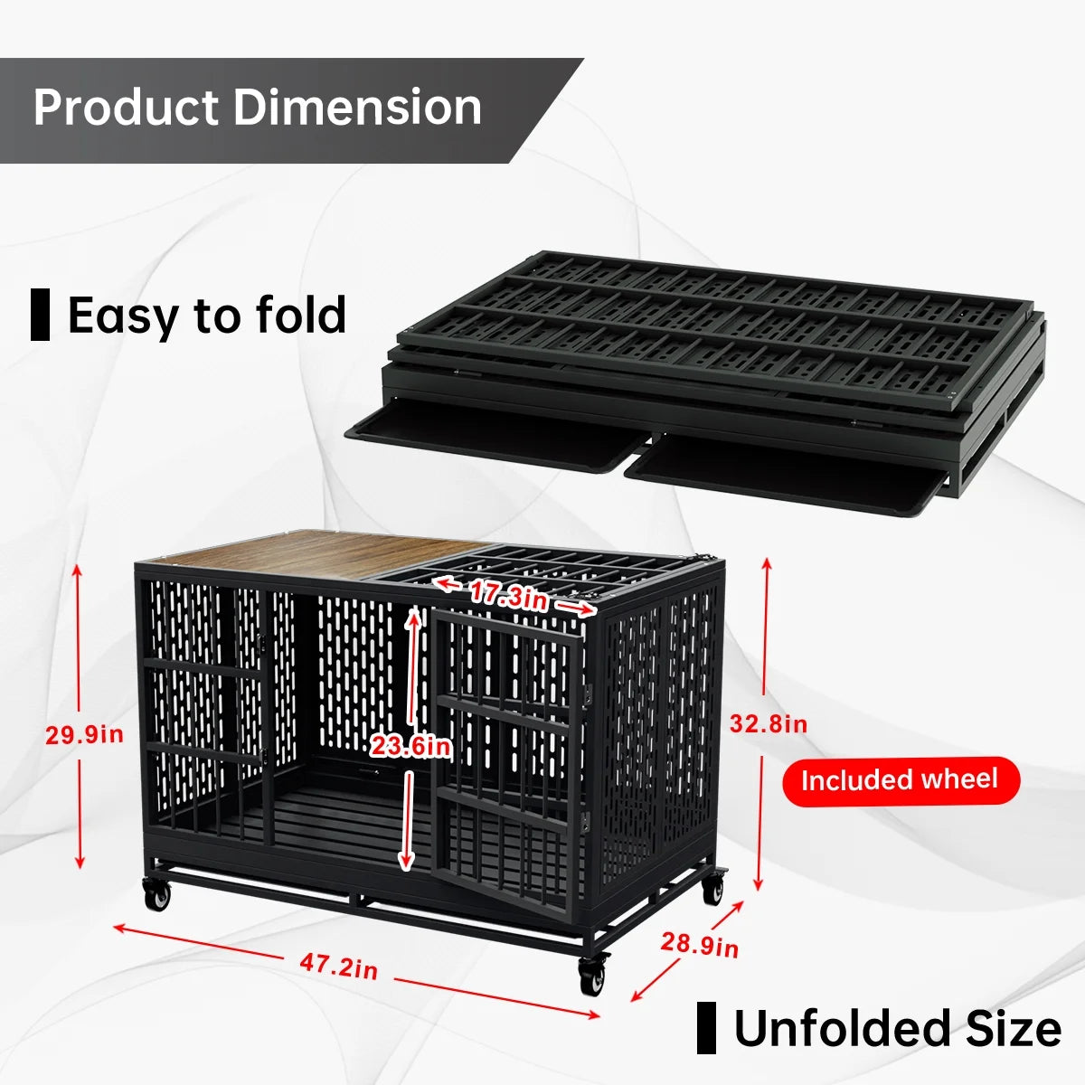 48 Inch Heavy Duty Dog Crate with Wheels, Folding Metal Big Dog Cage for Large and Medium Dogs, Extra Large XL XXL Indestructible Furniture Style Dog Crate with Removable Tray.