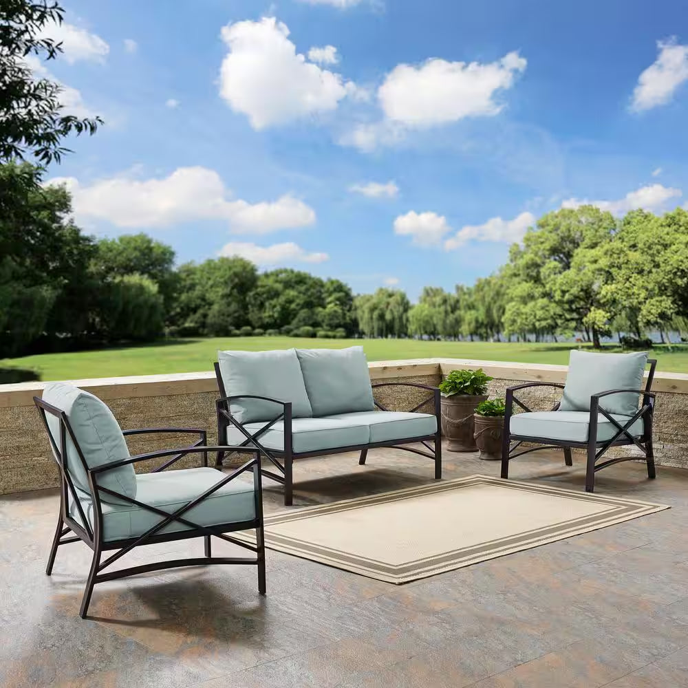 Kaplan 3-Piece Metal Patio Outdoor Seating Set with Mist Cushion - Loveseat, 2-Outdoor Chairs