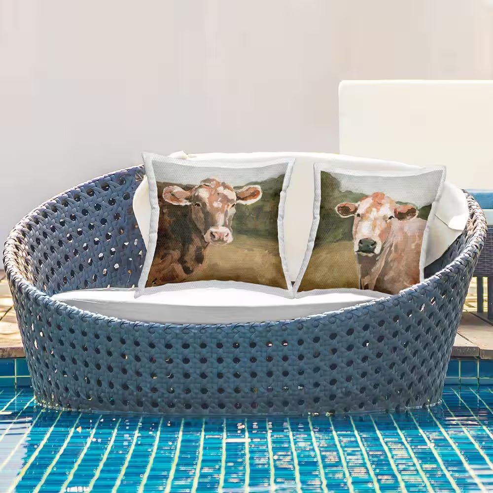 Traditional Farm Cows Brown Square Outdoor Throw Pillow 2-Pack
