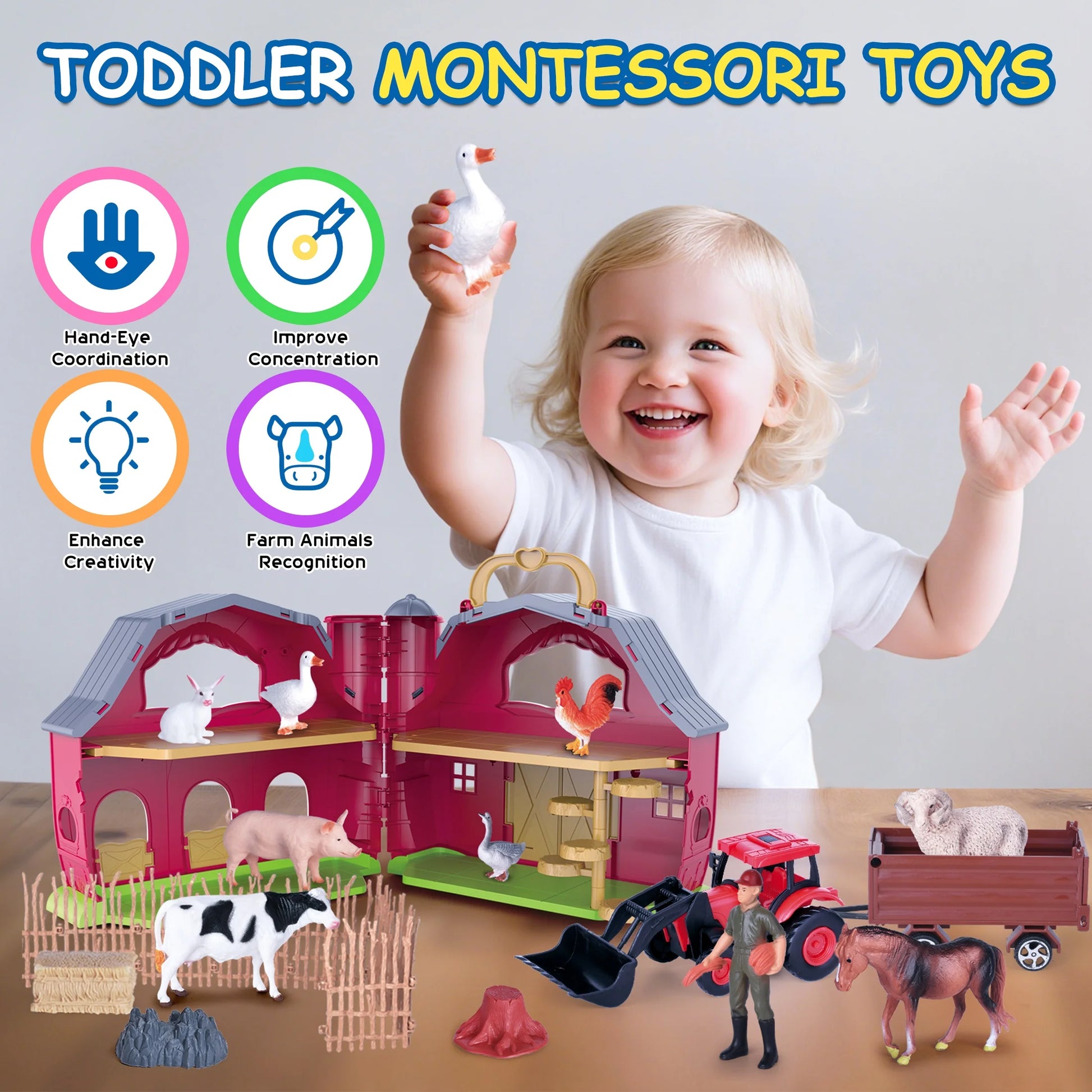 Farm Animal Toys Take along Barn Farm Playset for Toddlers Montessori Toys for Kids with 10 Animals Figurines 2 DIY Stickers
