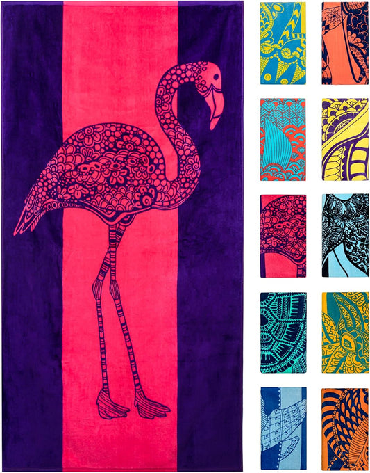 Flamingo Beach Towel – Pink and Purple with a Cute Design, Extra Large, XL (34”X 63”) Absorbent & Portable, Lightweight, Pink Beach Towel, Made from 100% Cotton