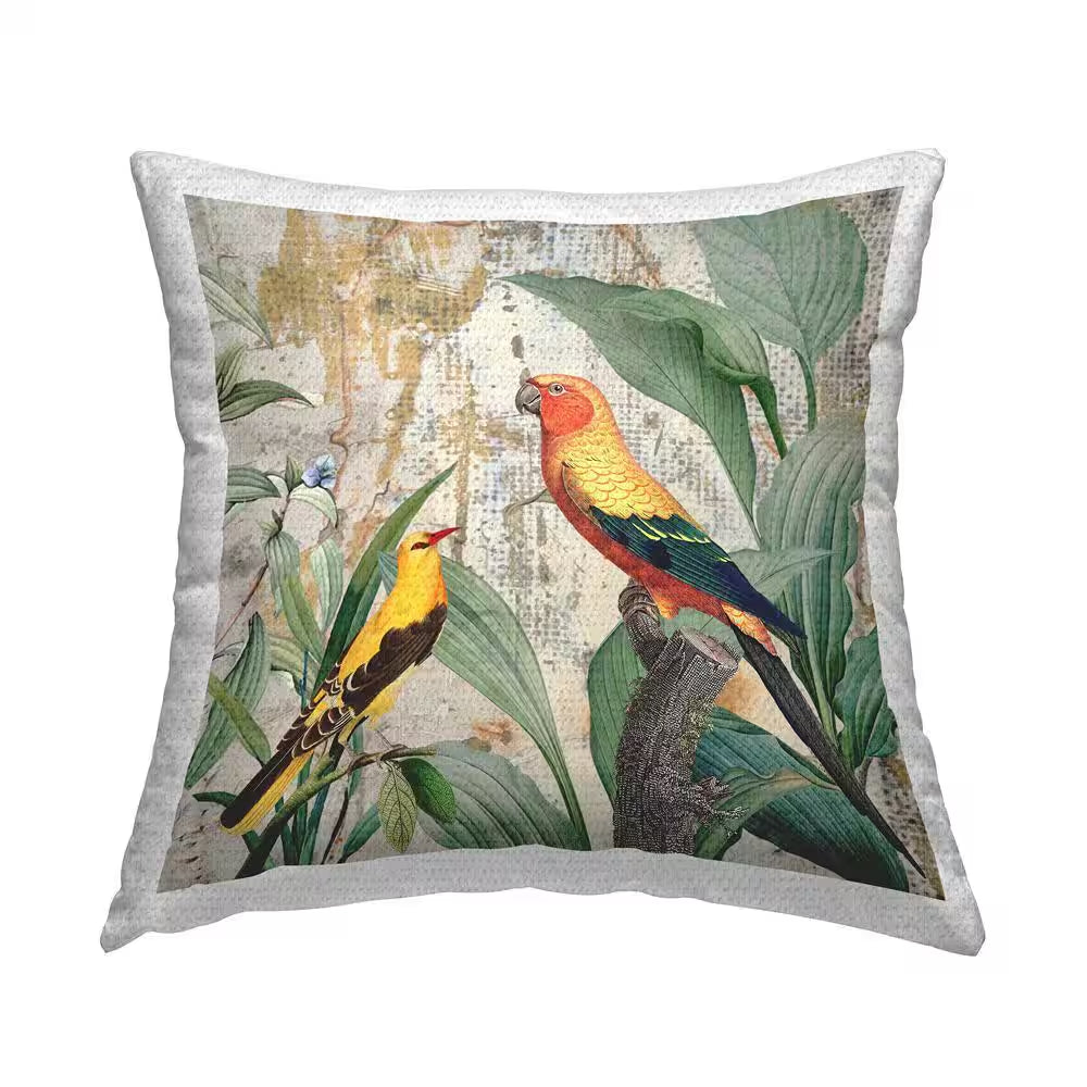 Rustic Tropical Birds Multi-Color Square Outdoor Throw Pillow