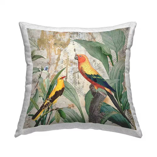 Rustic Tropical Birds Multi-Color Square Outdoor Throw Pillow