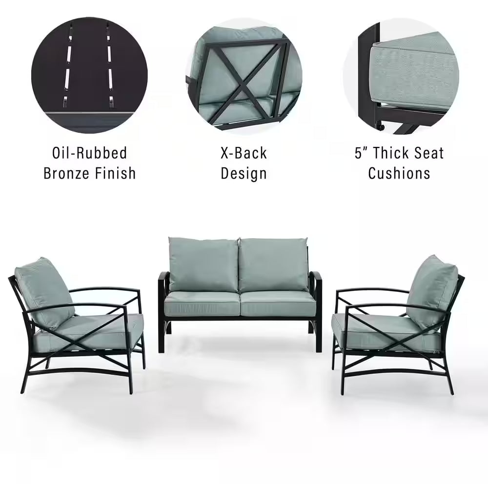 Kaplan 3-Piece Metal Patio Outdoor Seating Set with Mist Cushion - Loveseat, 2-Outdoor Chairs